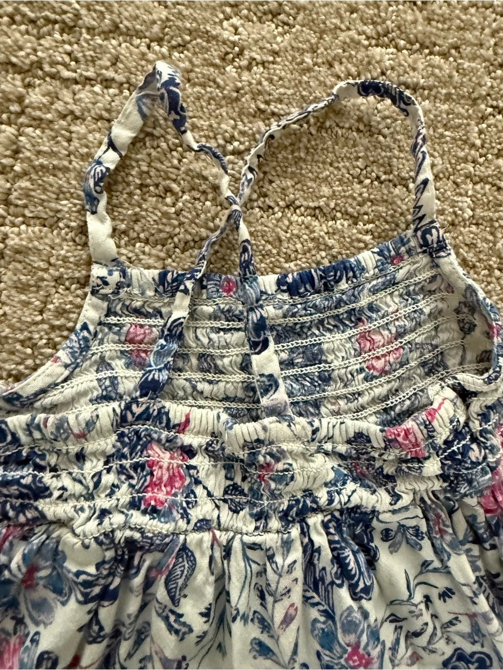 Old Navy White Maxi Dress with Blue Floral and Pink Trim